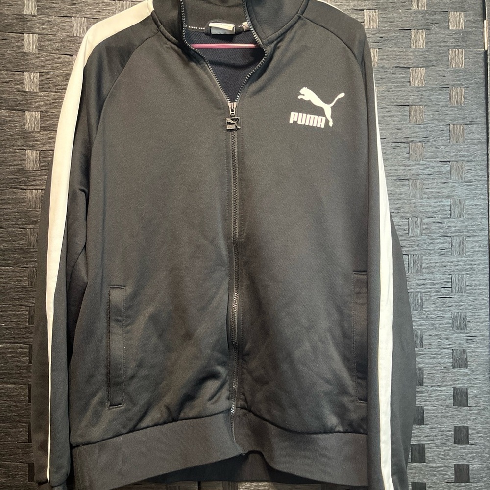 Puma Full Zip Track Jacket Front Pockets Adult Large Black/White Long Sleeve 